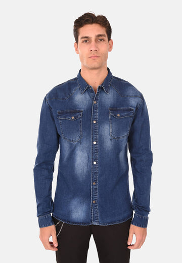 Camicia di jeans lavaggio scuro effetto slavato