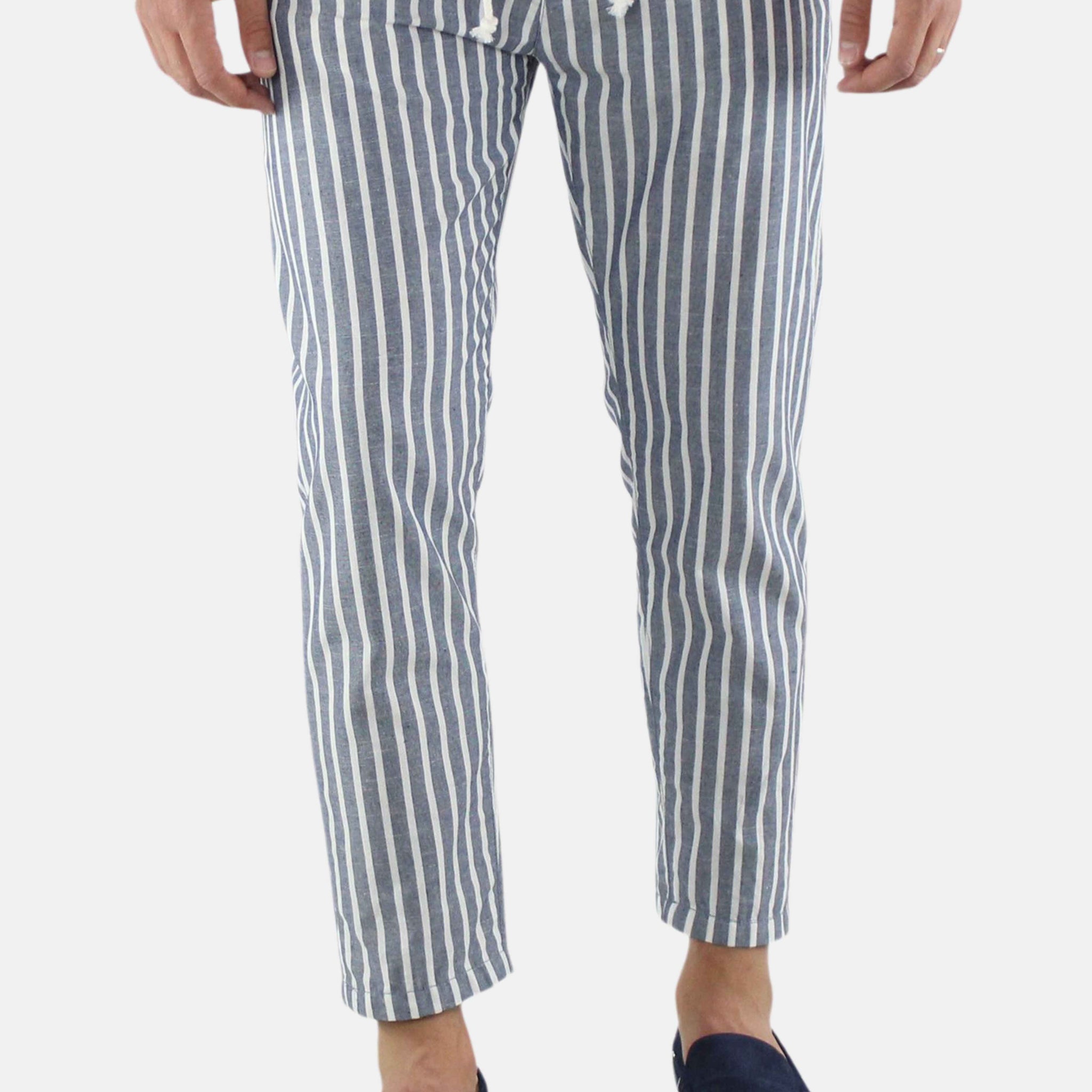 Pantalone Uomo Lino a Righe Blu Pantaloni Chino Estivi Leggeri