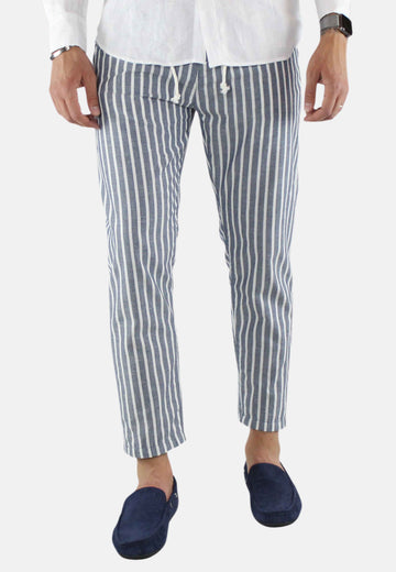 Pantalone Uomo Lino a Righe Blu Pantaloni Chino Estivi Leggeri