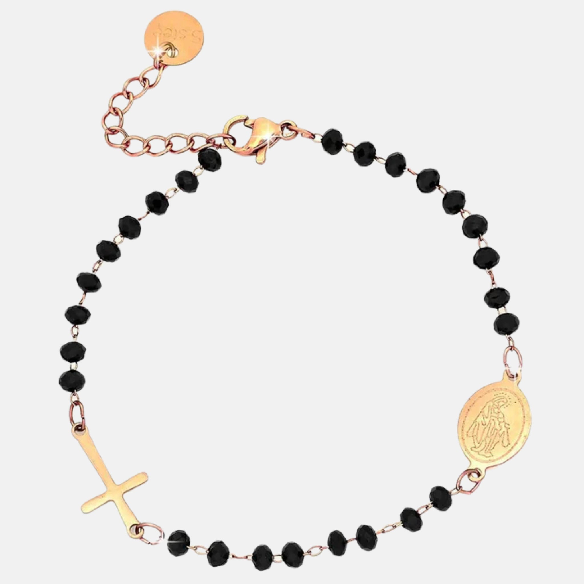 Bracelet chapelet avec cristaux briol?¬Æ noirs et croix en or rose et Madonna