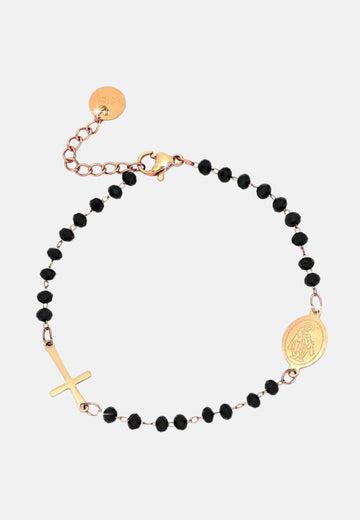 Bracelet chapelet avec cristaux briol?¬Æ noirs et croix en or rose et Madonna