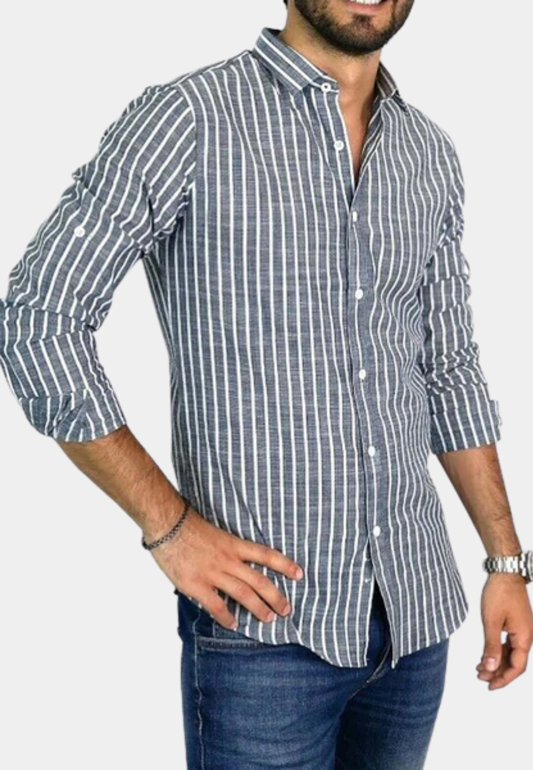 Camicia in cotone a righe bianche e blu