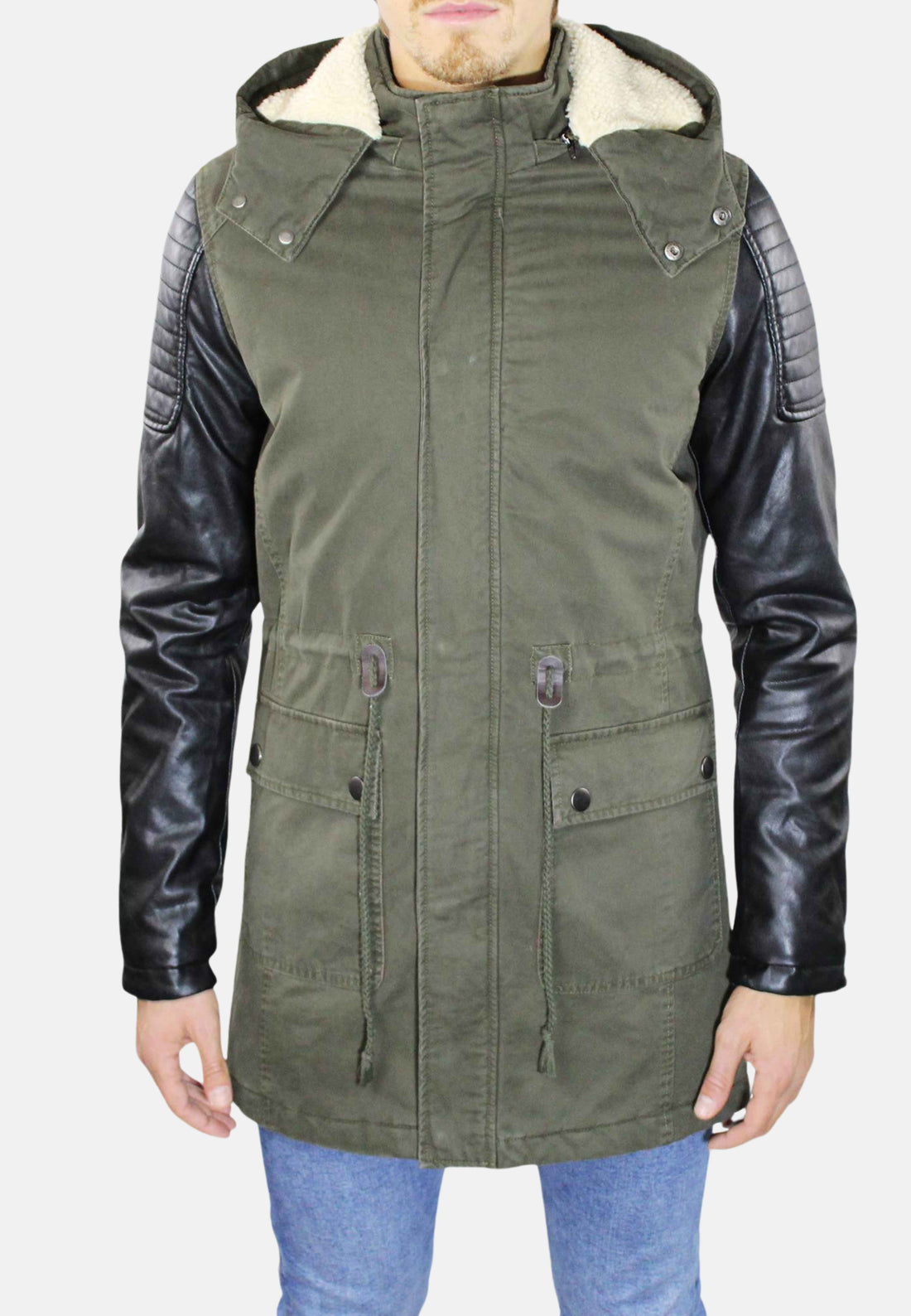 Parka verte avec manches en cuir