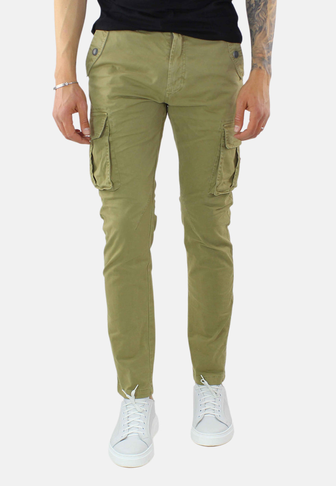 Pantaloni Uomo Cargo Tasche Laterali Slim Fit Verde Militare Blu beige