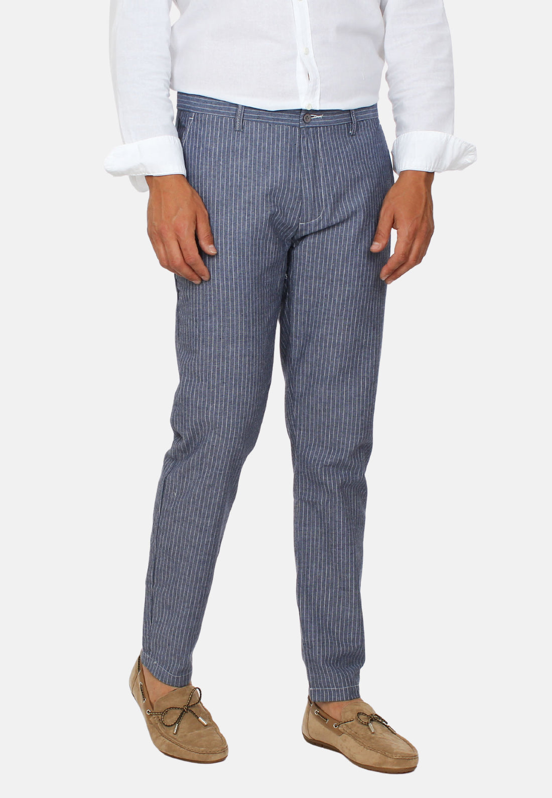 Pantalone in lino blu carta da zucchero a righe bianche