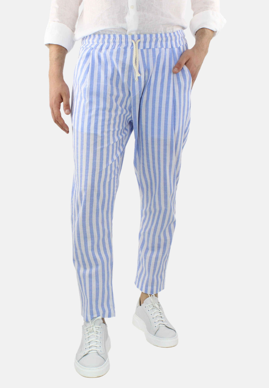 Pantalone Uomo Lino a Righe Grigio Azzurro Talco Pantaloni Estivi Leggeri